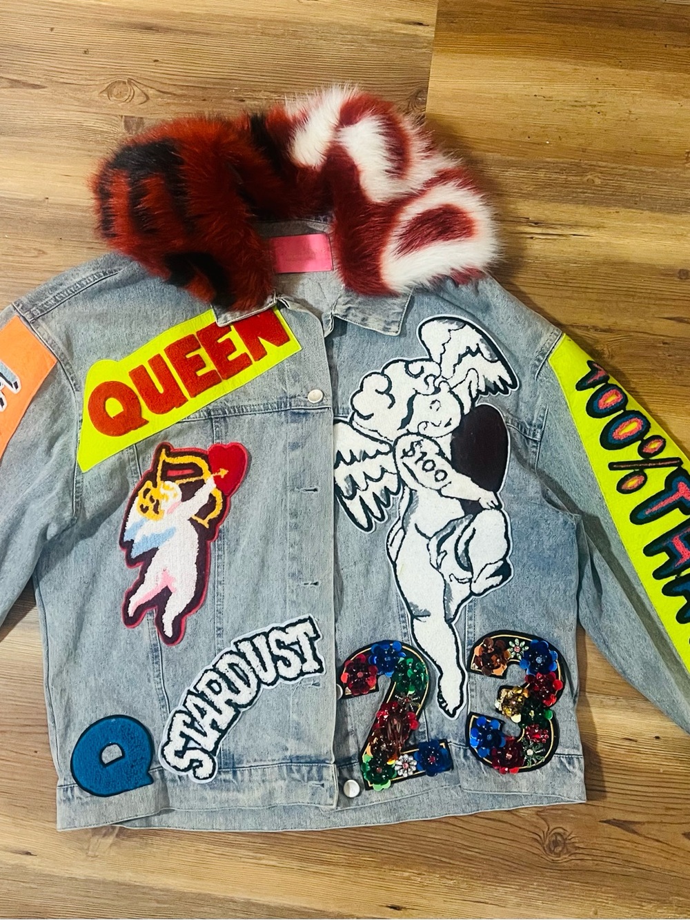 Embellished Denim Jacket with Faux Fur Accent